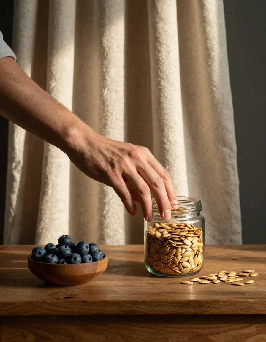 Mains d'un homme reposées sur un bureau d'étude avec une feuille de nutrition