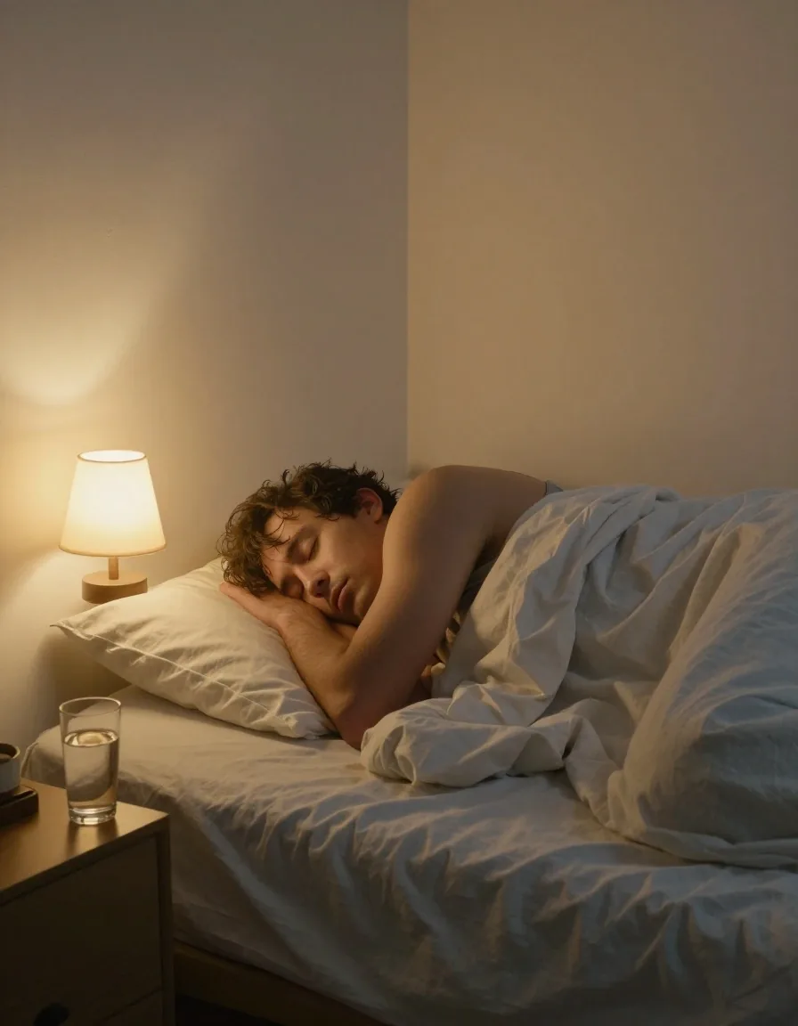 Table de chevet avec verre d'eau et lampe de lecture dans une chambre au calme