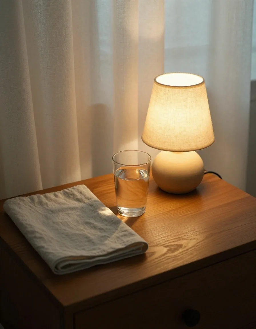 Table de chevet avec verre d'eau, livre et lampe de lecture