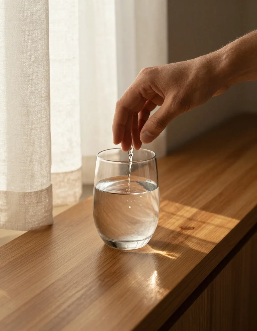 Verre d'eau sur un bureau près d'une fenêtre