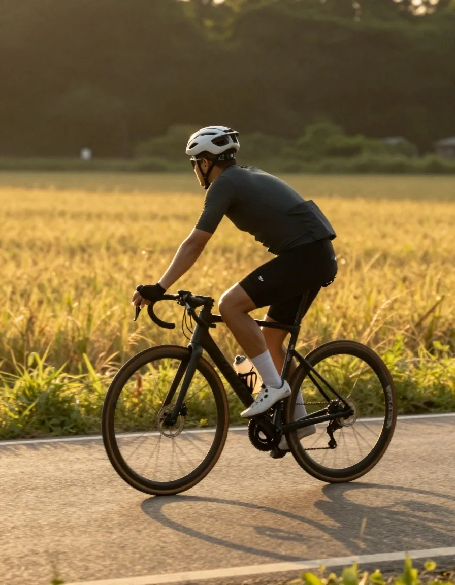 Homme à vélo sur une route de campagne en fin d'après-midi