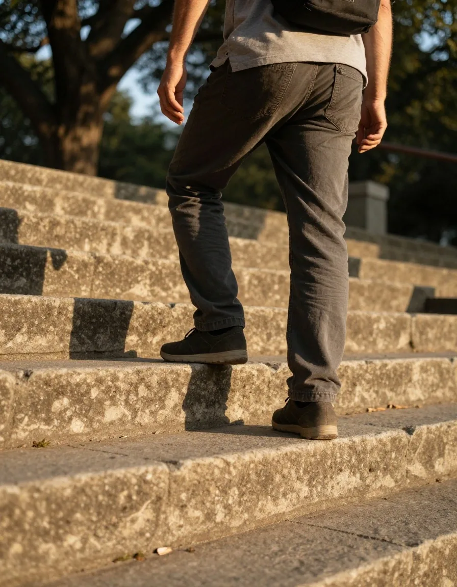 Homme montant un escalier en pierre en plein air