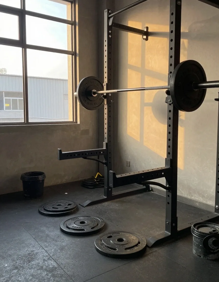 Intérieur de salle de sport avec barre et disques