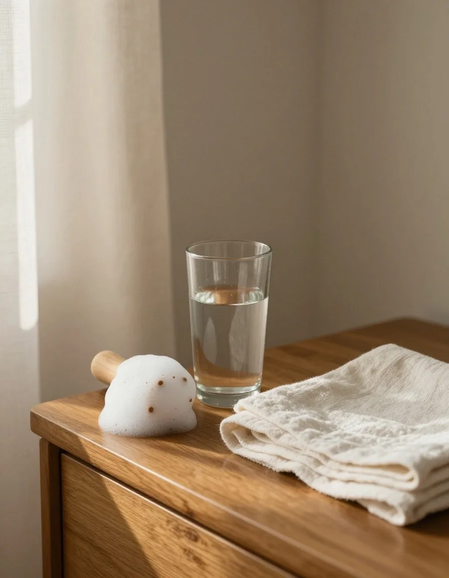 Rouleau en mousse et verre d'eau sur une table de chevet