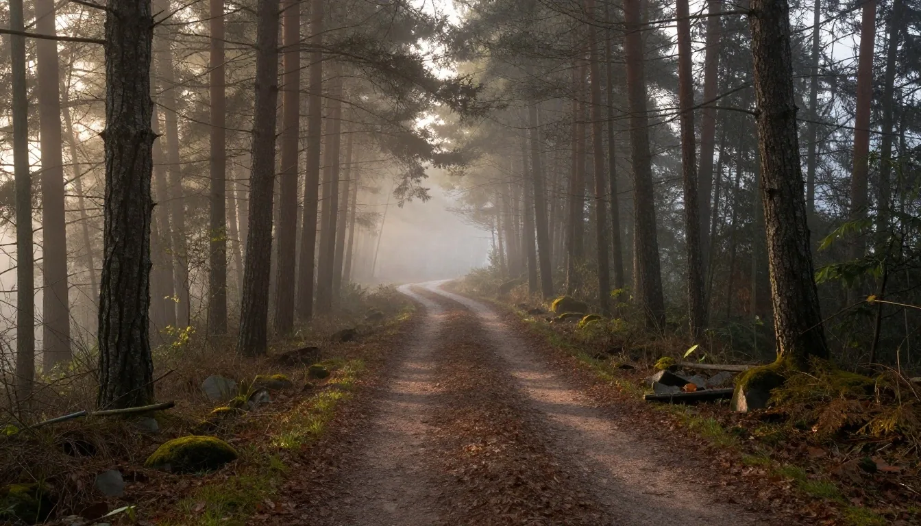 Sentier de course à pied dans une forêt brumeuse au matin