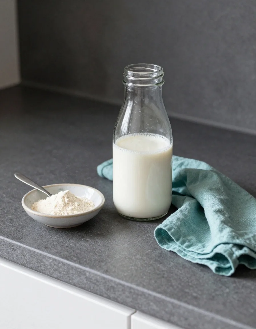 Shaker et cuillère de protéine en poudre sur un plan de cuisine