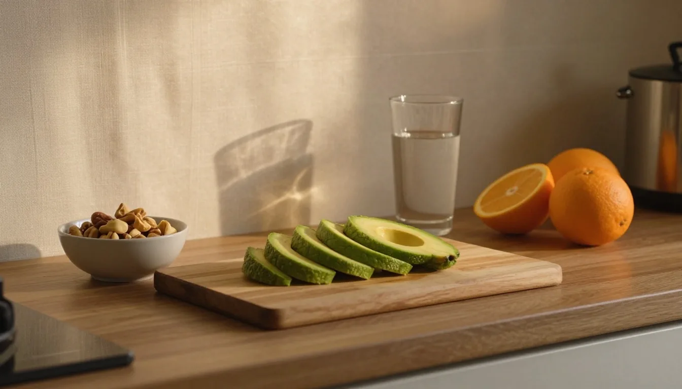 Bureau d'étude à 16h avec feuille de nutrition gommée sous lampe de lecture