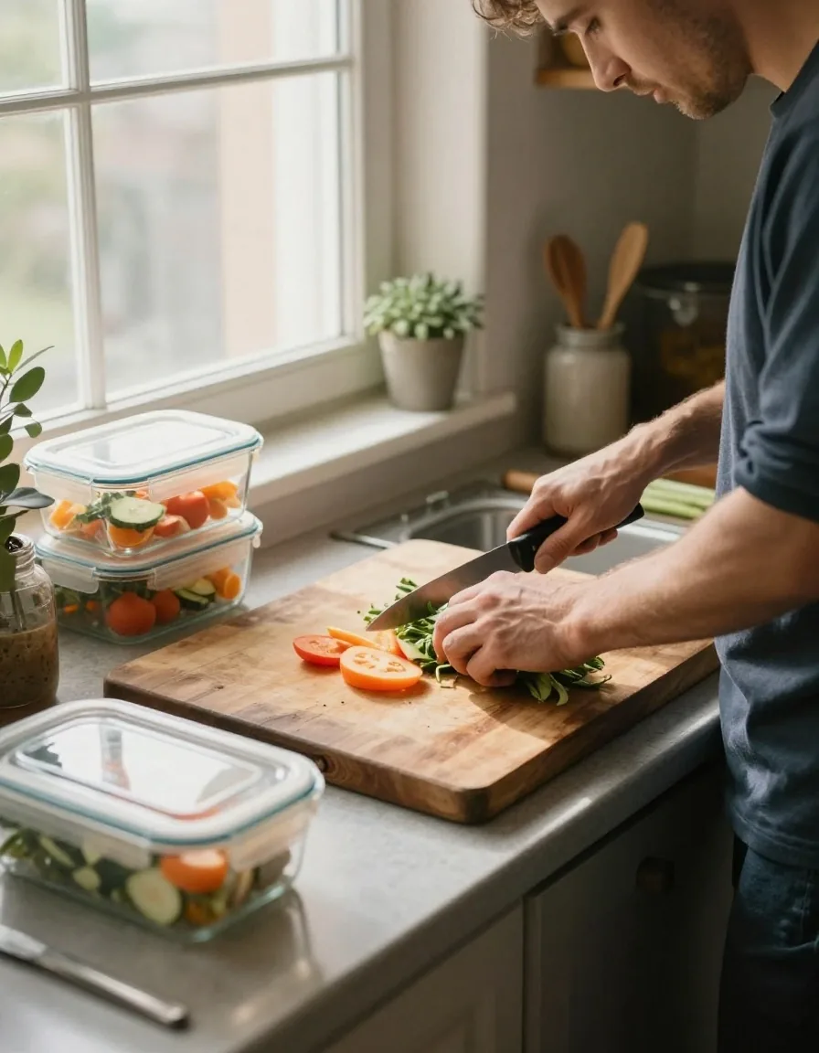 Homme en train de cuisiner dans une cuisine modeste, légumes frais sur planche à découper, contenants de repas préparés