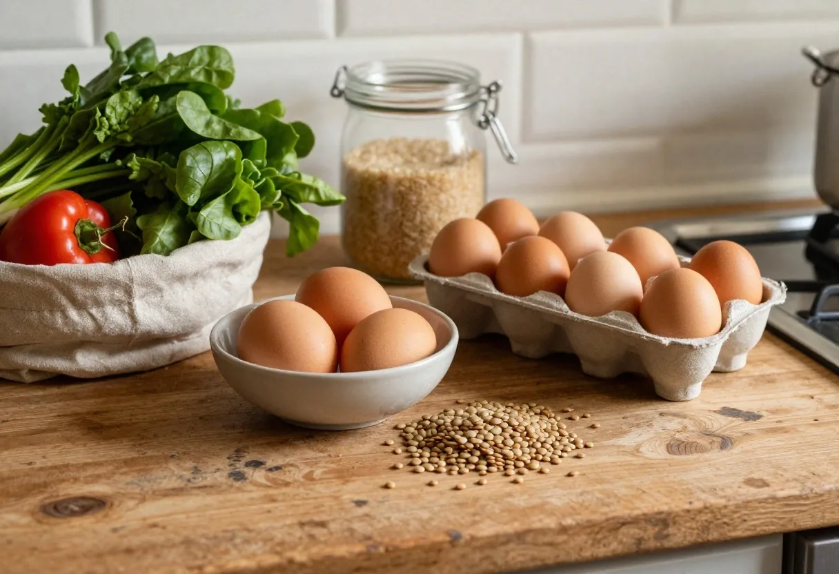 Plan de travail de cuisine avec aliments courants : œufs, riz, légumes de saison, pommes de terre et lentilles