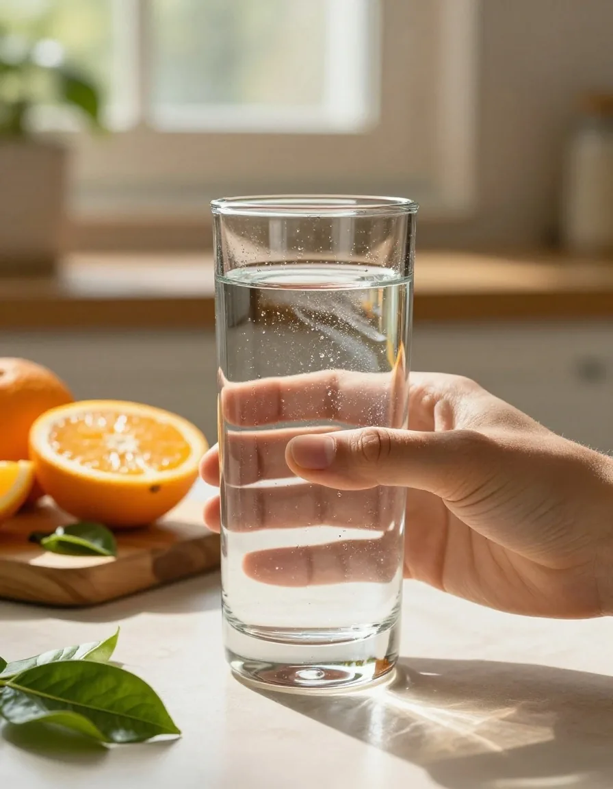 Verre d'eau tenu à une fenêtre ensoleillée avec agrumes et légumes verts sur planche à découper